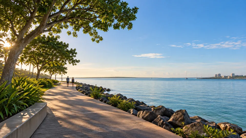 AI-generated editorial illustration of anonymous walkers on a calm tropical waterfront promenade; not a documentary photograph.